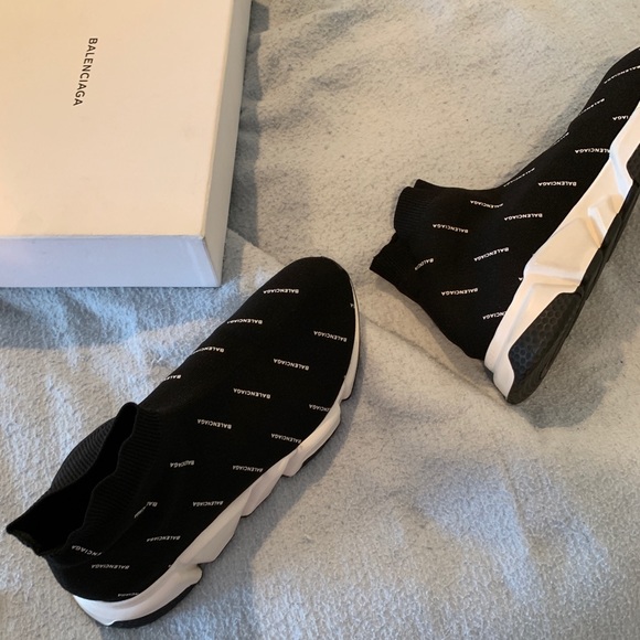 Balenciaga Speed Trainer Logo Print black white - Picture 1 of 4
